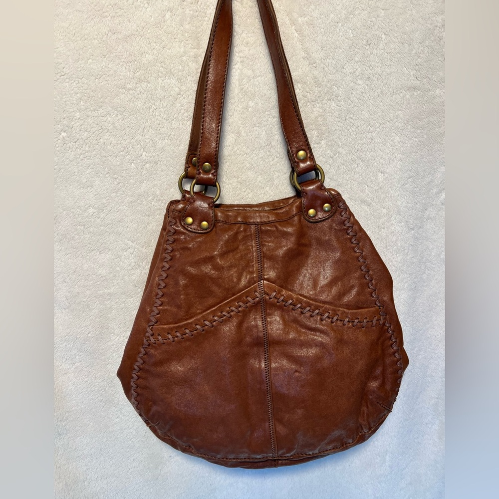 Lucky Brand Brown Leather Hobo Shoulder Bag with Stitching
